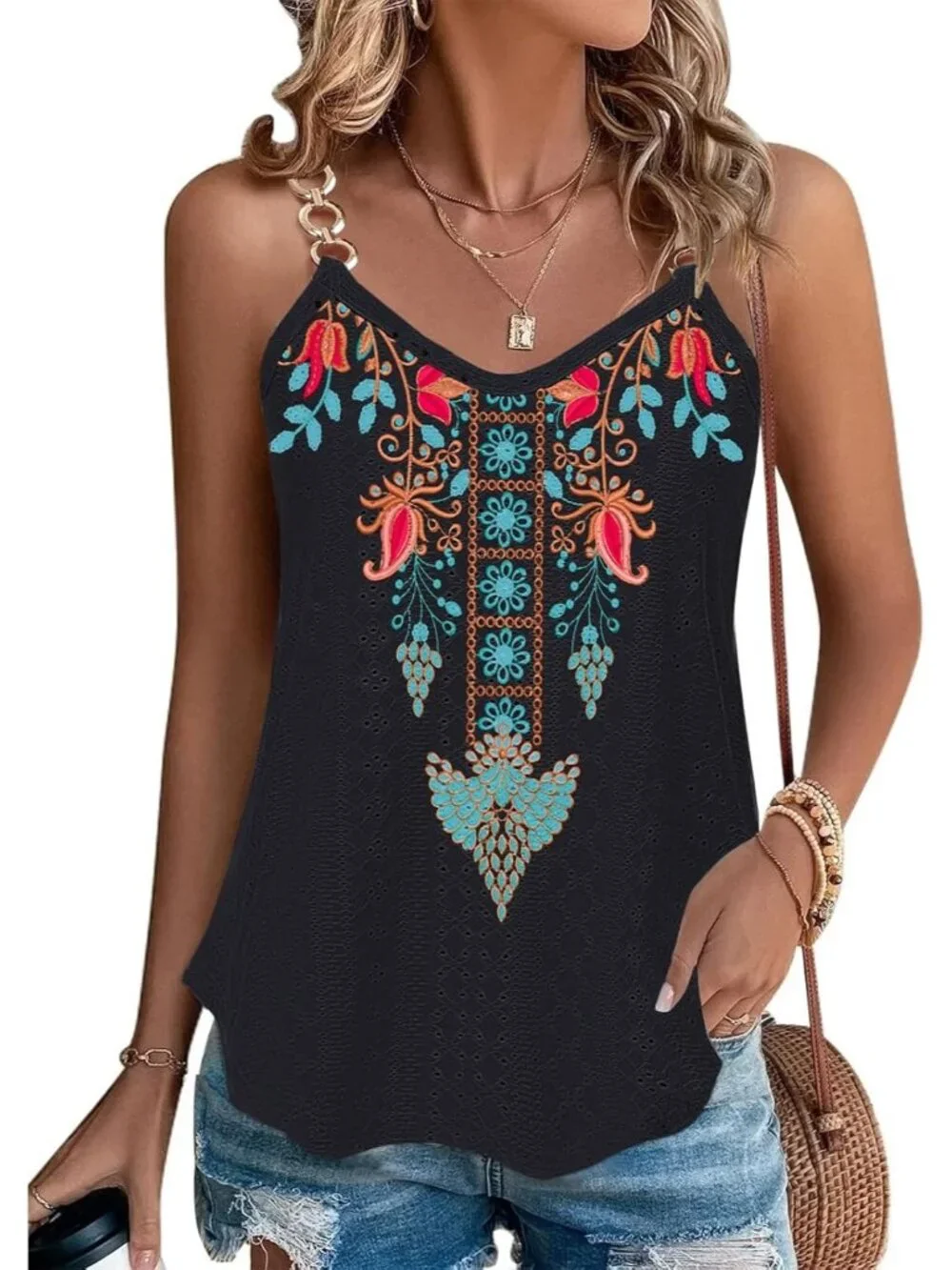 Women's Black Tank Tops Eyelet Sleeveless Spaghetti Strap Sexy Loose Fit Summer - Picture 1 of 5